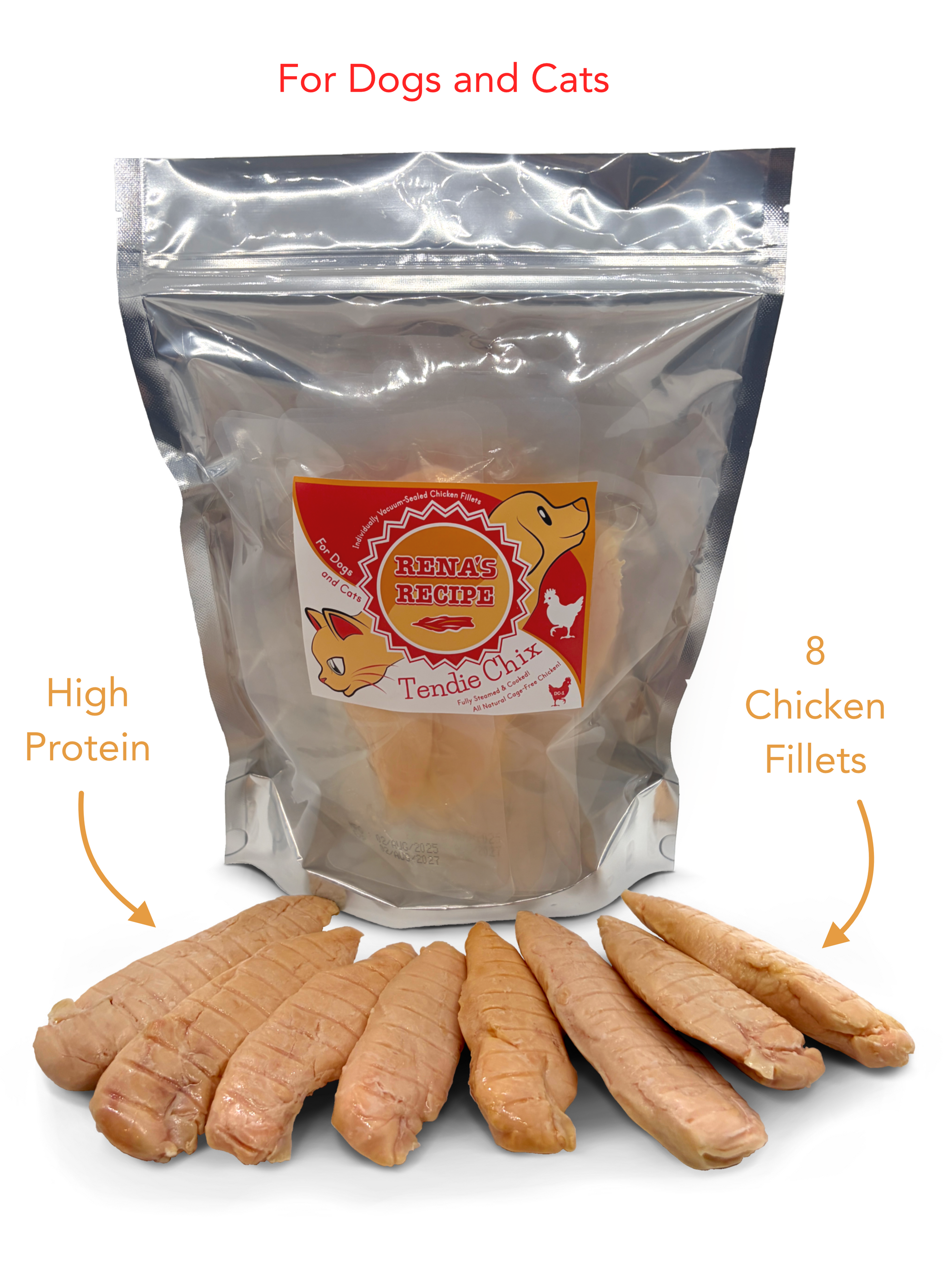 Rena's Recipe Tendie Chix for Dogs and Cats Pure Chicken Fillet Treats • Fully Steamed & Cooked • 8 Fillets • 9 oz