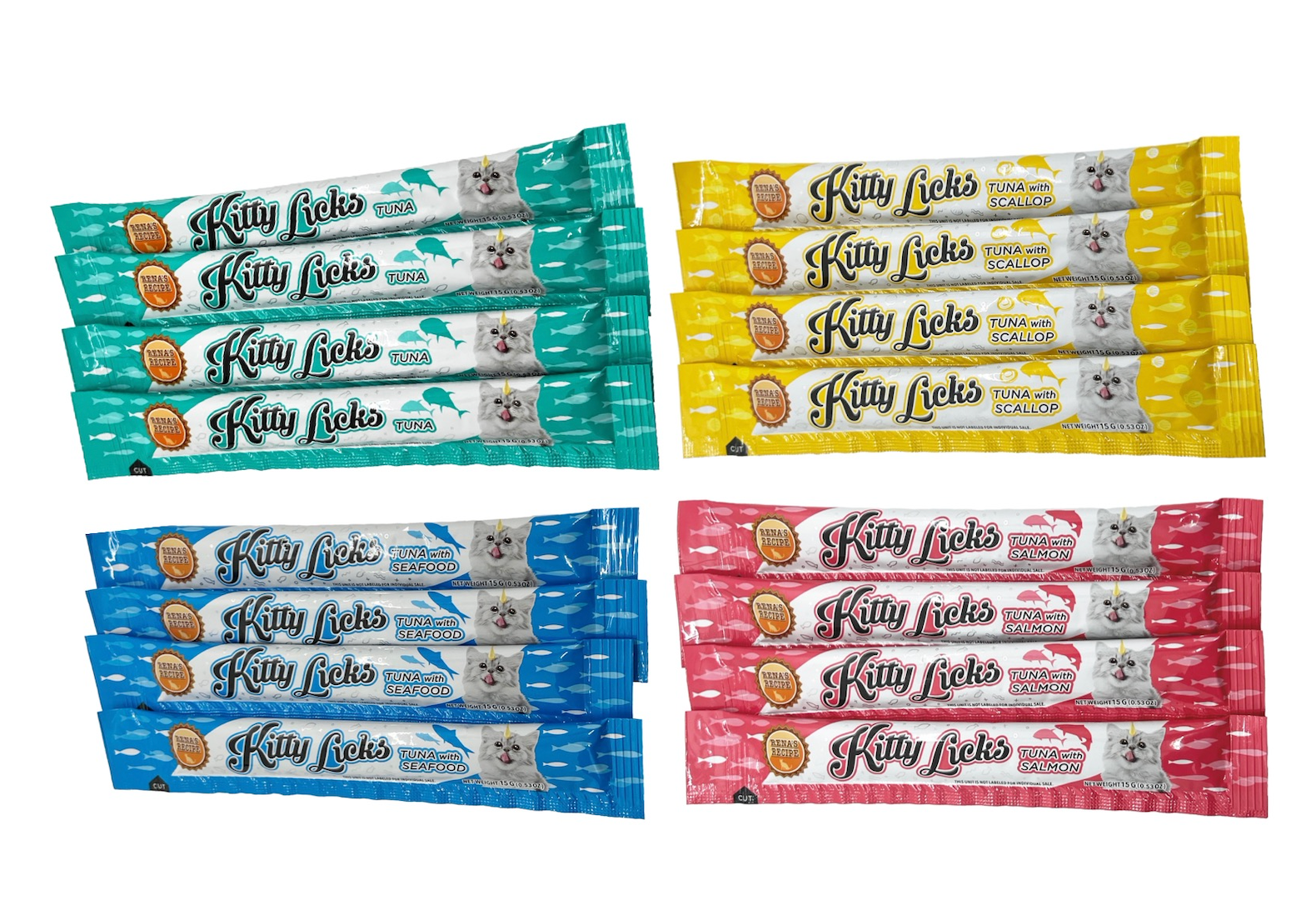 NEW! Rena's Recipe Kitty Licks Tuna Variety 4 Flavors X 15 Tubes (60 Tubes)