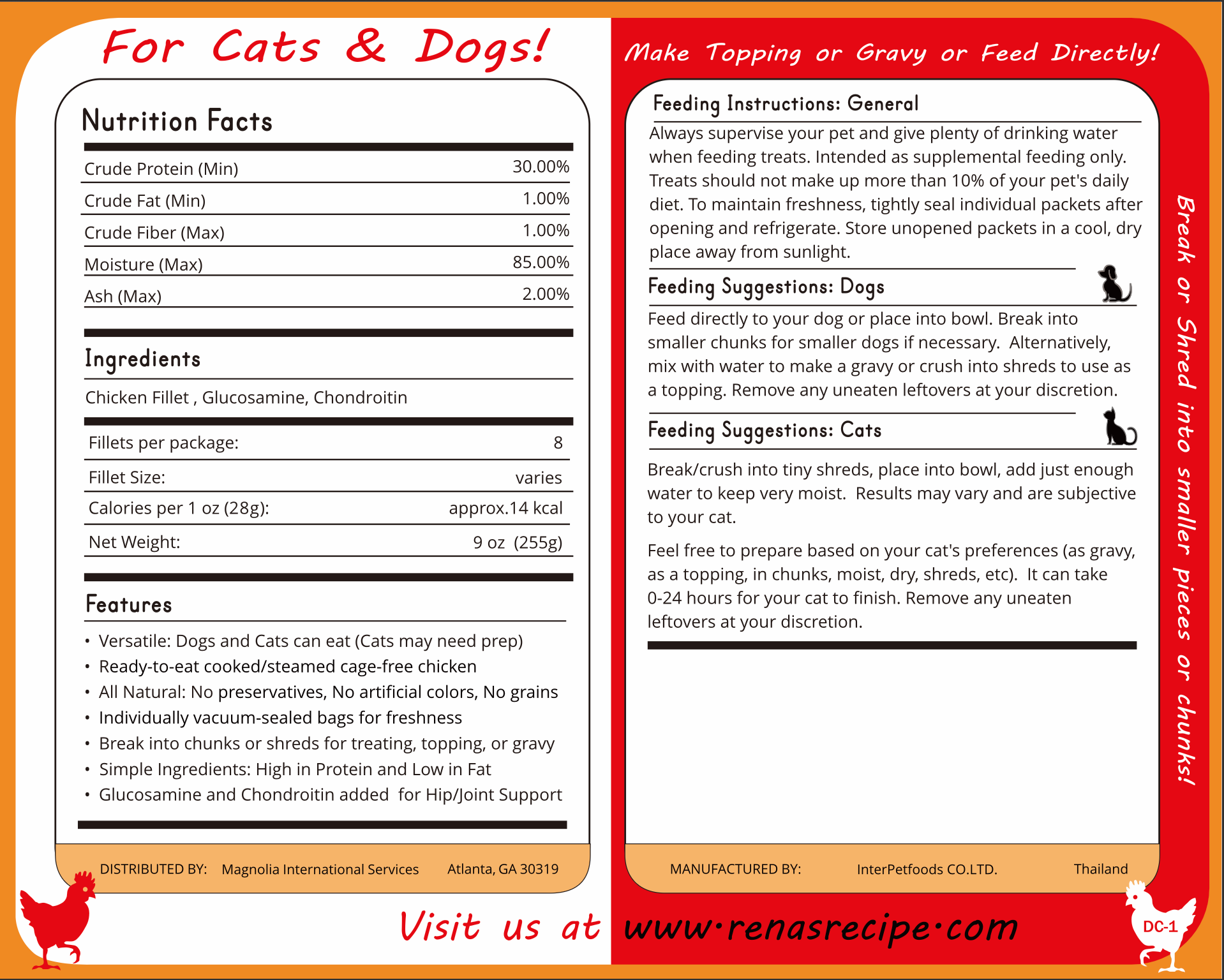 Rena's Recipe Tendie Chix for Dogs and Cats Pure Chicken Fillet Treats • Fully Steamed & Cooked • 8 Fillets • 9 oz